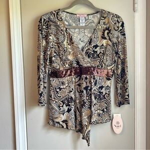 NEW Vol 1 Brown & Tan Paisley Women’s Empire Waist Polyester Blouse Med Petite